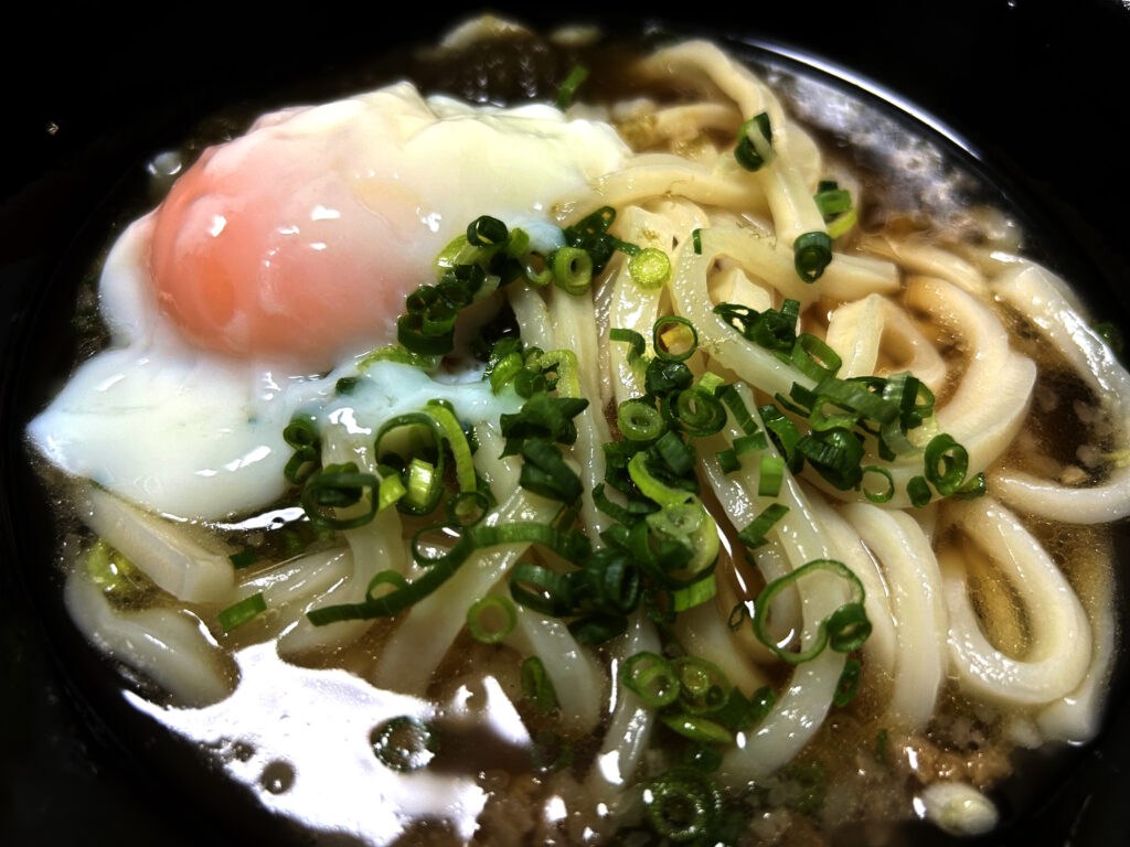 透き通った出汁に油かすと温玉が乗ったかすうどん