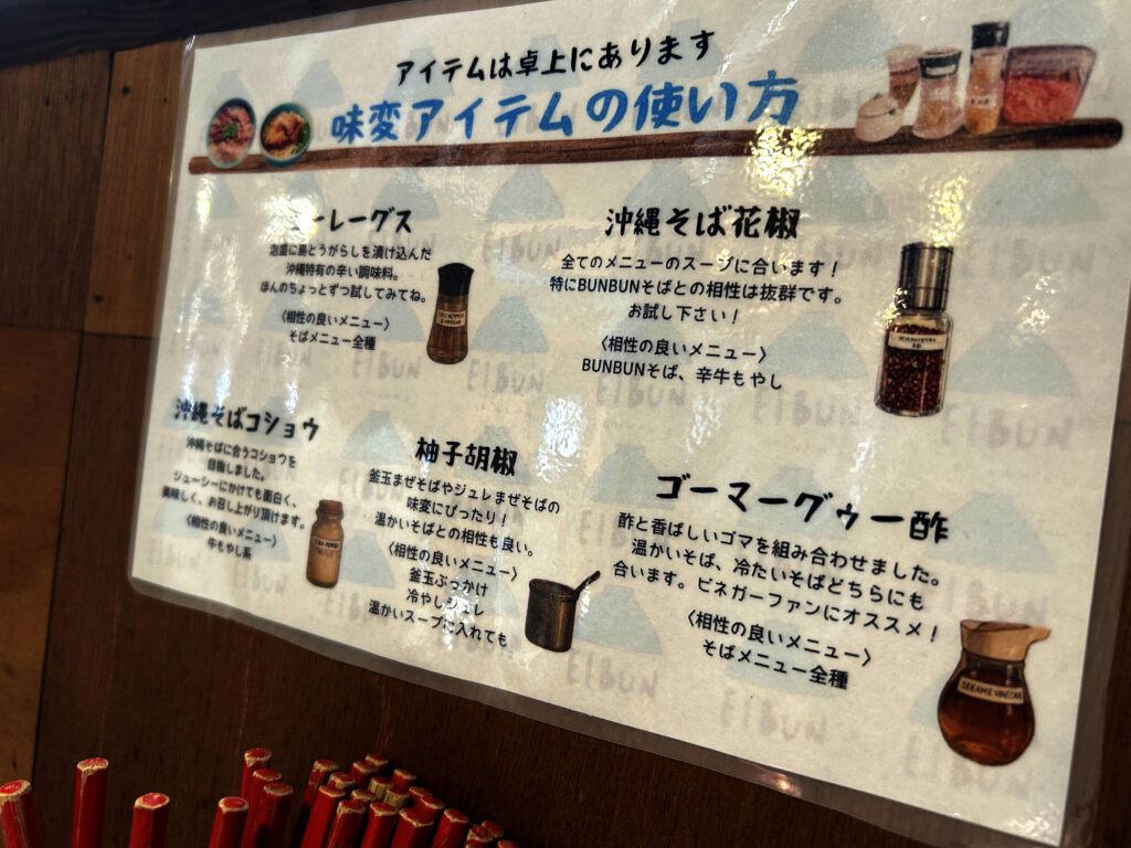 コーレーグスや沖縄そば花椒、ゴーマーグヮー酢などEIBUNオリジナルの味変アイテム説明表